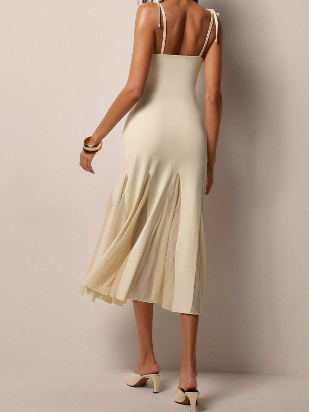 Apricot Elegant Women's Casual Tie-strap Patchwork Hem Midi Dress - Picture 2 of 7